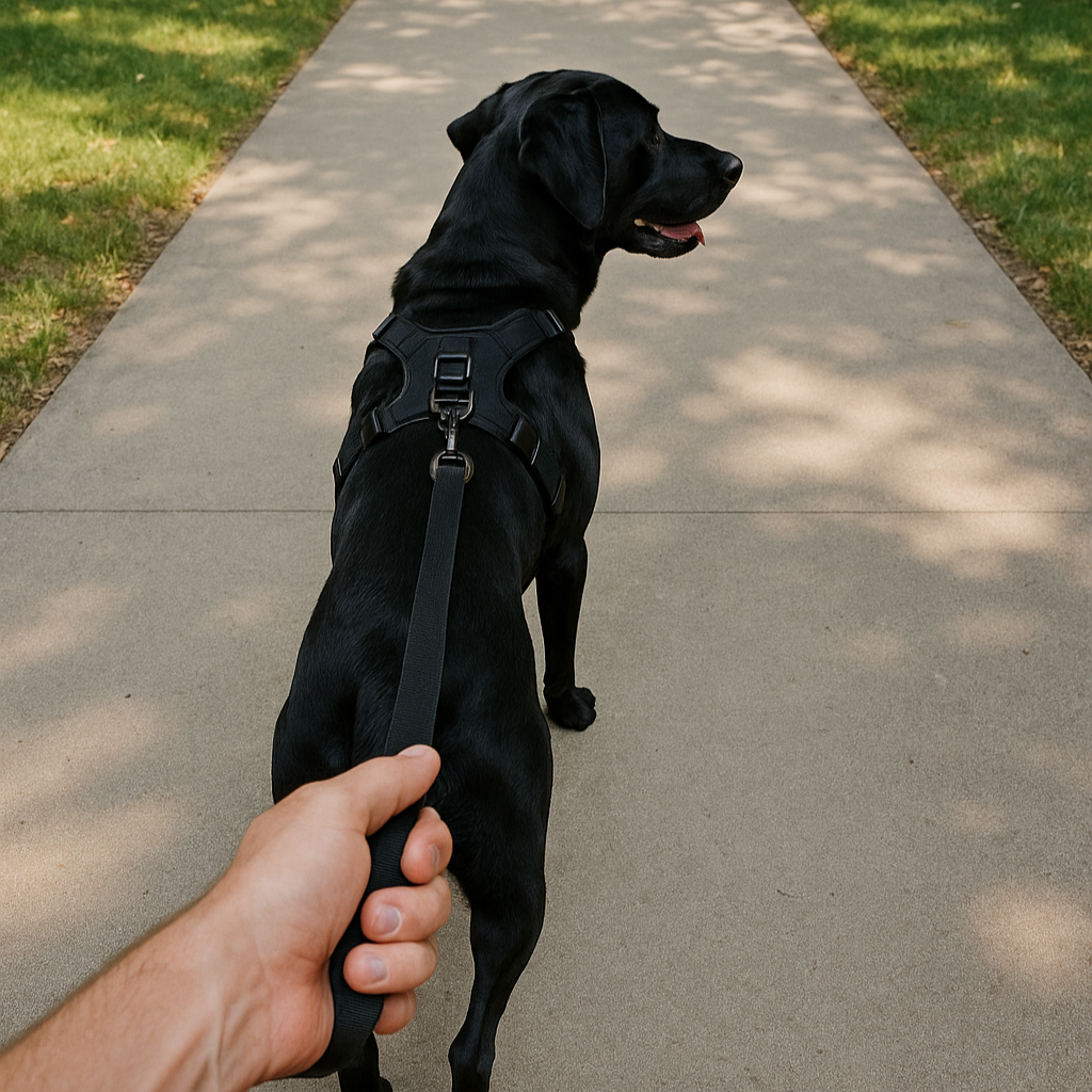 Dog harness with chest strap and leash — walking gear
