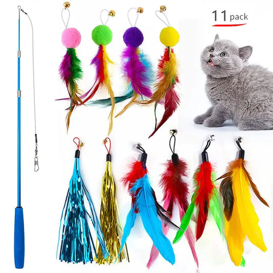 Retractable feather toy — extendable teaser for cats